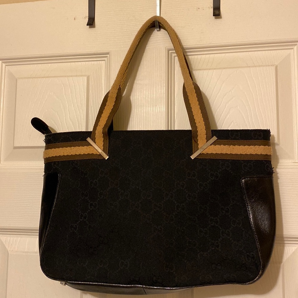 Gucci GG Canvas leather tote bag Black with beige handle - Picture 1 of 14